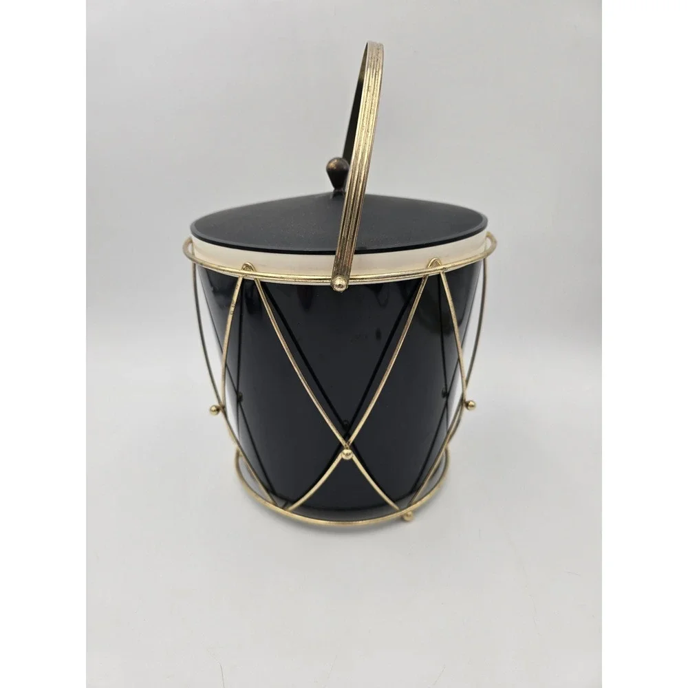 Vintage American Thermos 3940 Ice Bucket Black Gold Metal Wire Drum Frame MCM